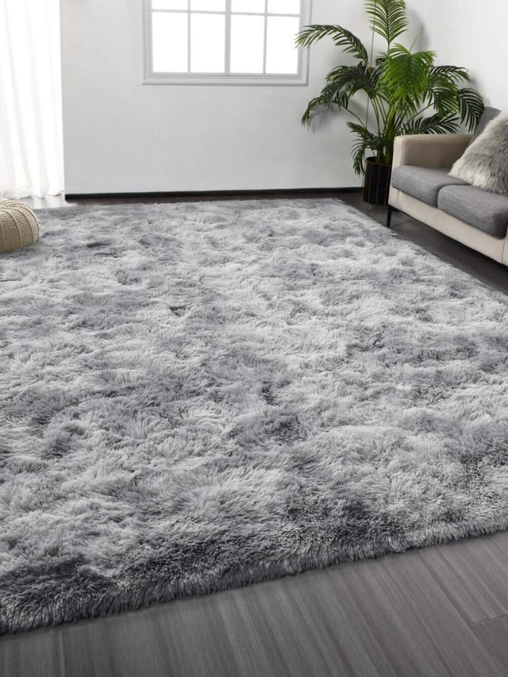 Large Shag Area Rugs 5 x 8, Tie-Dyed Plush Fuzzy Rugs, Light Grey